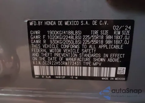 2024 Honda Hr-V Awd Sport/Awd Sport W/O Bsi из США, поврежденный, VIN 3CZRZ2H53RM773431